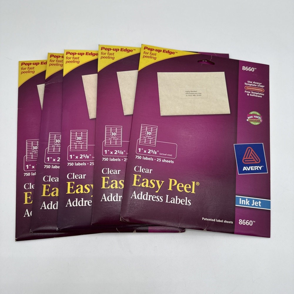 Lot of 5 Avery 8660 Clear Easy Peel Address Labels Inkjet 750 Labels New Sealed